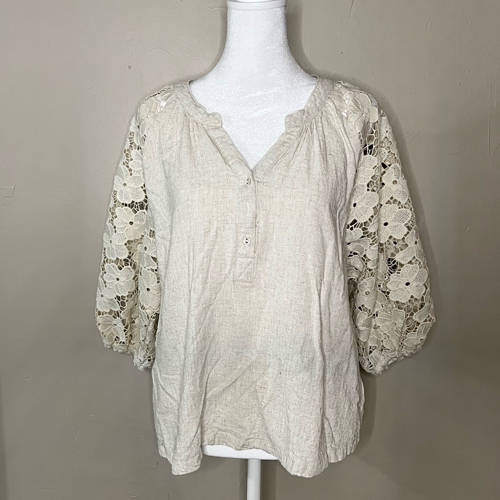 Oatmeal Linen Boxy Cut Split Neck Top with Floral Lace Sleeves by Umgee Medium